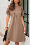 Solid Color Hollow Short Sleeved Round Neck Pleated Dress