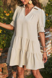 Solid Color Lapel Pleated Bubble Sleeve Dress