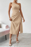 Slant Shoulder Sleeveless Solid Color Slit Dress
