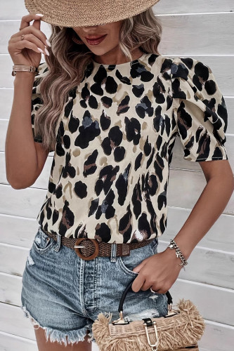 Round Neck Leopard Print Bubble Short Sleeve Shirt