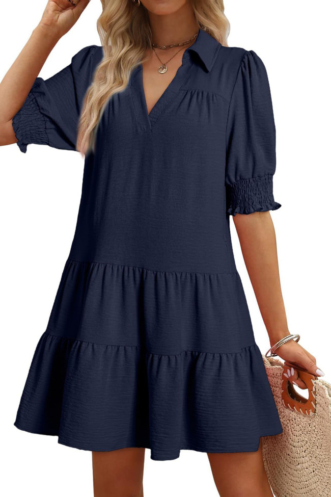 Solid Color Lapel Pleated Bubble Sleeve Dress