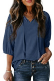 Waffle Hollow V-Neck Bubble Short Sleeve T-Shirt