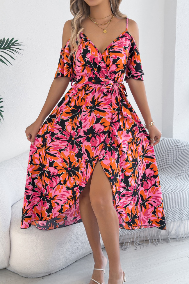 V-Neck Floral Print Suspender Sleeveless Dress