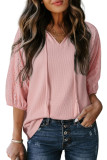 Waffle Hollow V-Neck Bubble Short Sleeve T-Shirt