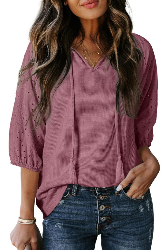 Waffle Hollow V-Neck Bubble Short Sleeve T-Shirt