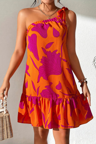 Summer One Shoulder Strap Ruffle Edge Sleeveless Dress
