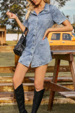 Back Cinched Waist Lapel Shirt Denim Dress
