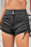 High Waisted Pleated Drawstring Denim Shorts