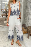 Vacation Style Printed Lace Vest Pants Two-Piece Set