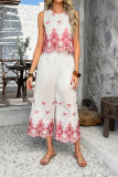 Vacation Style Printed Lace Vest Pants Two-Piece Set