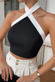 Summer Black White Contrasting Hanging Neck Sleeveless Vest