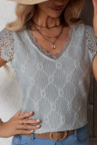 Solid Color V-Neck Lace Hollow Out Shirt