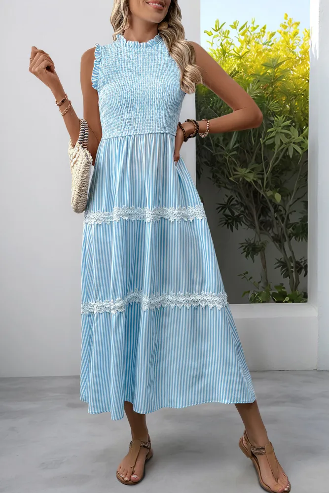 Round Neck Sleeveless Ruffle Striped Dress