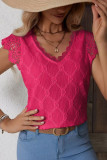 Solid Color V-Neck Lace Hollow Out Shirt
