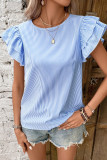 Round Neck Casual Ruffle Sleeve Striped Shirt