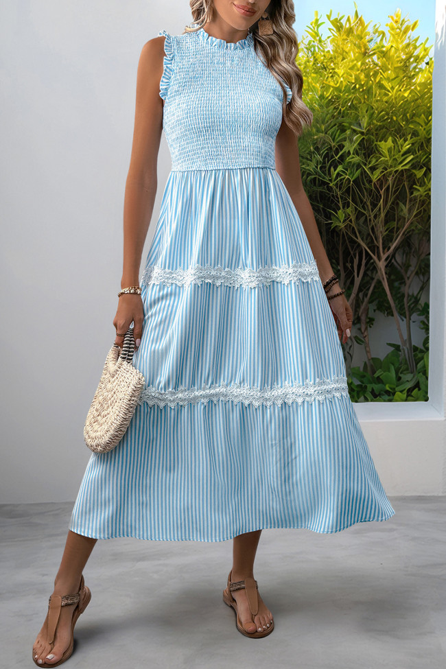 Round Neck Sleeveless Ruffle Striped Dress