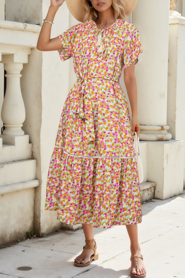 Summer Flower Print Ruffled Short Sleeved Dress