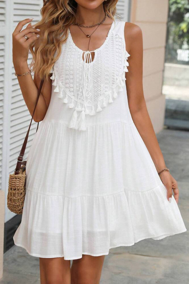 Solid Color V-Neck Lace Loose Sleeveless Dress