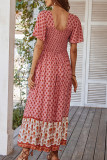 French Printed Square Neck Short Sleeved Dress