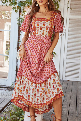 French Printed Square Neck Short Sleeved Dress