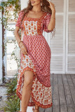 French Printed Square Neck Short Sleeved Dress