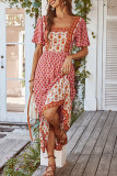 French Printed Square Neck Short Sleeved Dress