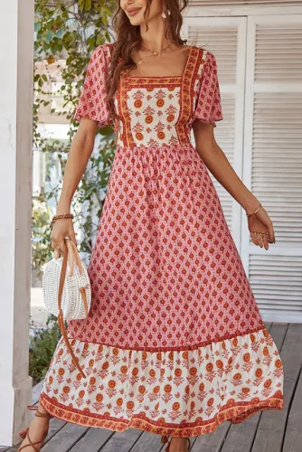 French Printed Square Neck Short Sleeved Dress
