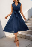 Sleeveless Pleated V-Neck Solid Color Dress