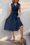 Sleeveless Pleated V-Neck Solid Color Dress
