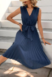 Sleeveless Pleated V-Neck Solid Color Dress