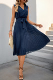 Sleeveless Pleated V-Neck Solid Color Dress