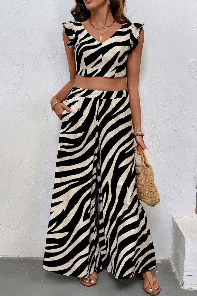 Zebra Print Short Sleeved Wide Leg Pants Two-Piece Set