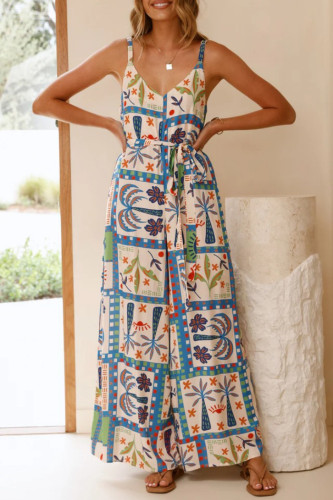 Printed V-Neck Loose Waist Camisole Jumpsuit