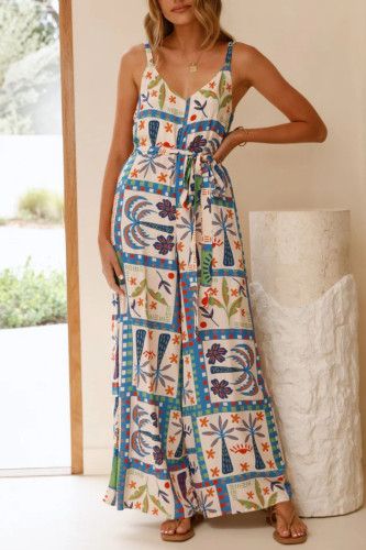 Printed V-Neck Loose Waist Camisole Jumpsuit