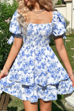 Summer Square Neck Pleated Lantern Short Sleeved Dress