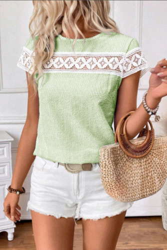 Solid Color Round Neck Lace Hollow T-Shirt