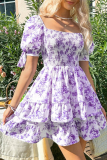 Summer Square Neck Pleated Lantern Short Sleeved Dress