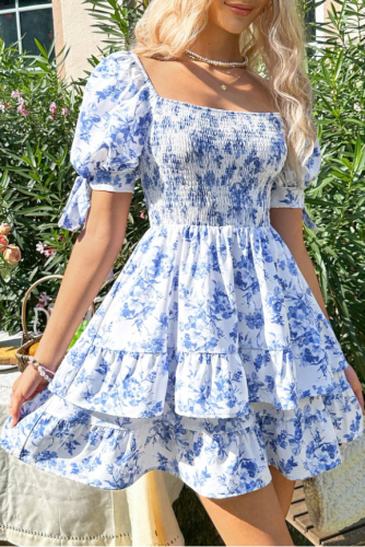 Summer Square Neck Pleated Lantern Short Sleeved Dress