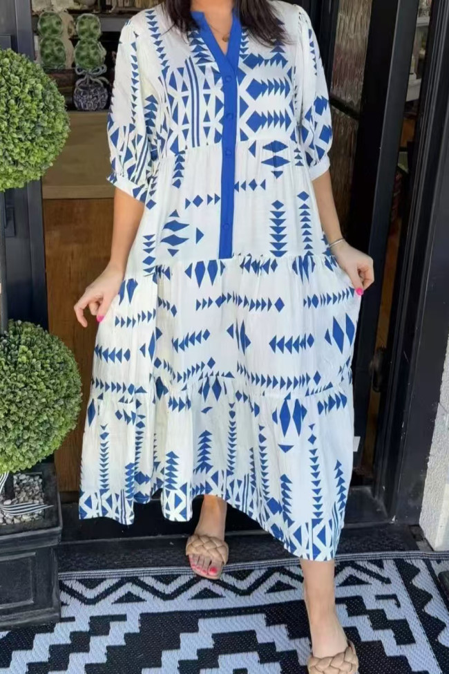 Bohemian V-Neck Printed Shirt Short Sleeve Dress