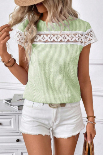 Solid Color Round Neck Lace Hollow T-Shirt