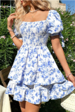 Summer Square Neck Pleated Lantern Short Sleeved Dress