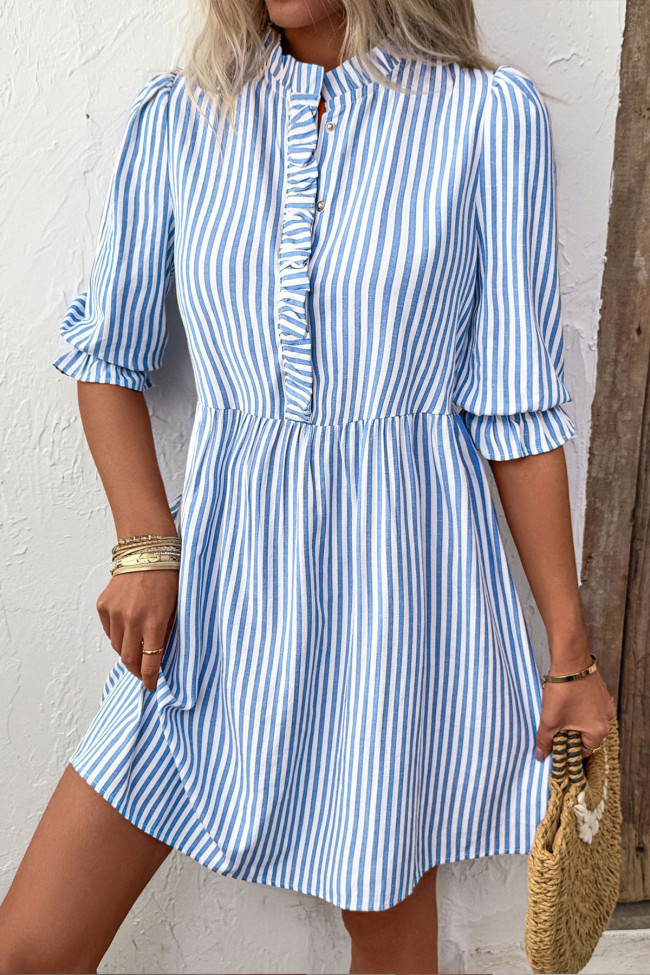 Summer Short Sleeved Ruffled Striped Shirt Dress