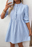 Summer Short Sleeved Ruffled Striped Shirt Dress