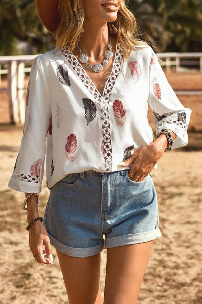 Summer Printed V-Neck Seven Quarter Sleeve Shirt