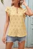 Hollow Lace Up Round Neck Ruffle Sleeve T-Shirt