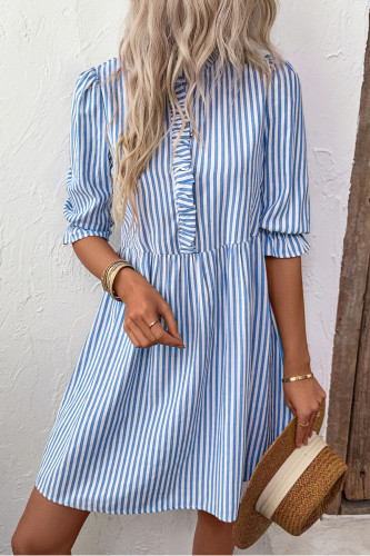 Summer Short Sleeved Ruffled Striped Shirt Dress