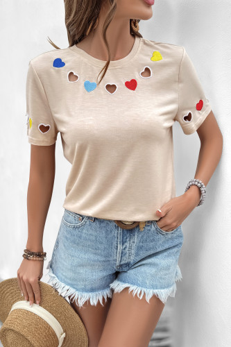 Embroidered Heart-Shaped Hollow Short Sleeved T-Shirt