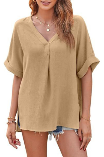 Solid Color V-Neck Short Sleeved Loose Shirt