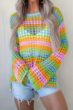 Round Neck Striped Hollow Long Sleeved Knitted Sweater