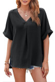 Solid Color V-Neck Short Sleeved Loose Shirt